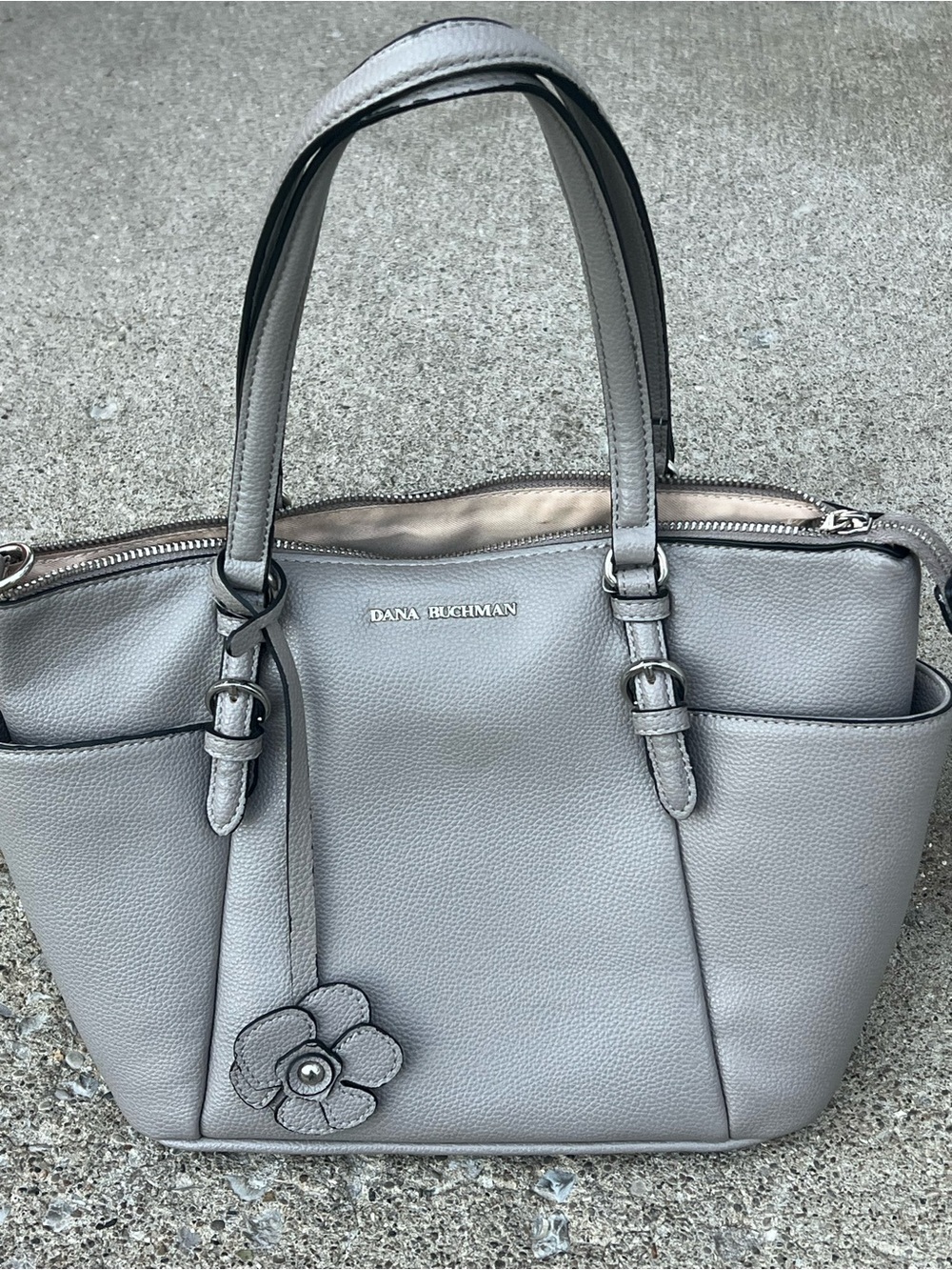 Dana Buchman Light Gray Pebbled Leather Shoulder Tote with Floral Charm